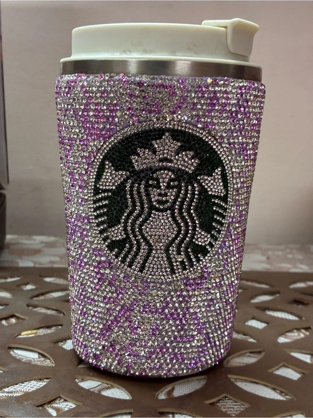 Ideal !Sparkling purple white Rhinestone crystal temp temp check Travel Tumbler